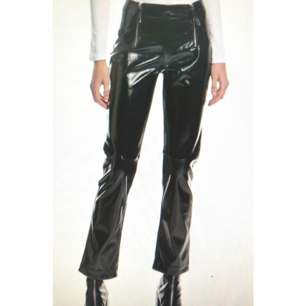 STAUD Parallel Pant Black Faux Patent Shiny Leather Zip Front‎ Flare Leg Size 14